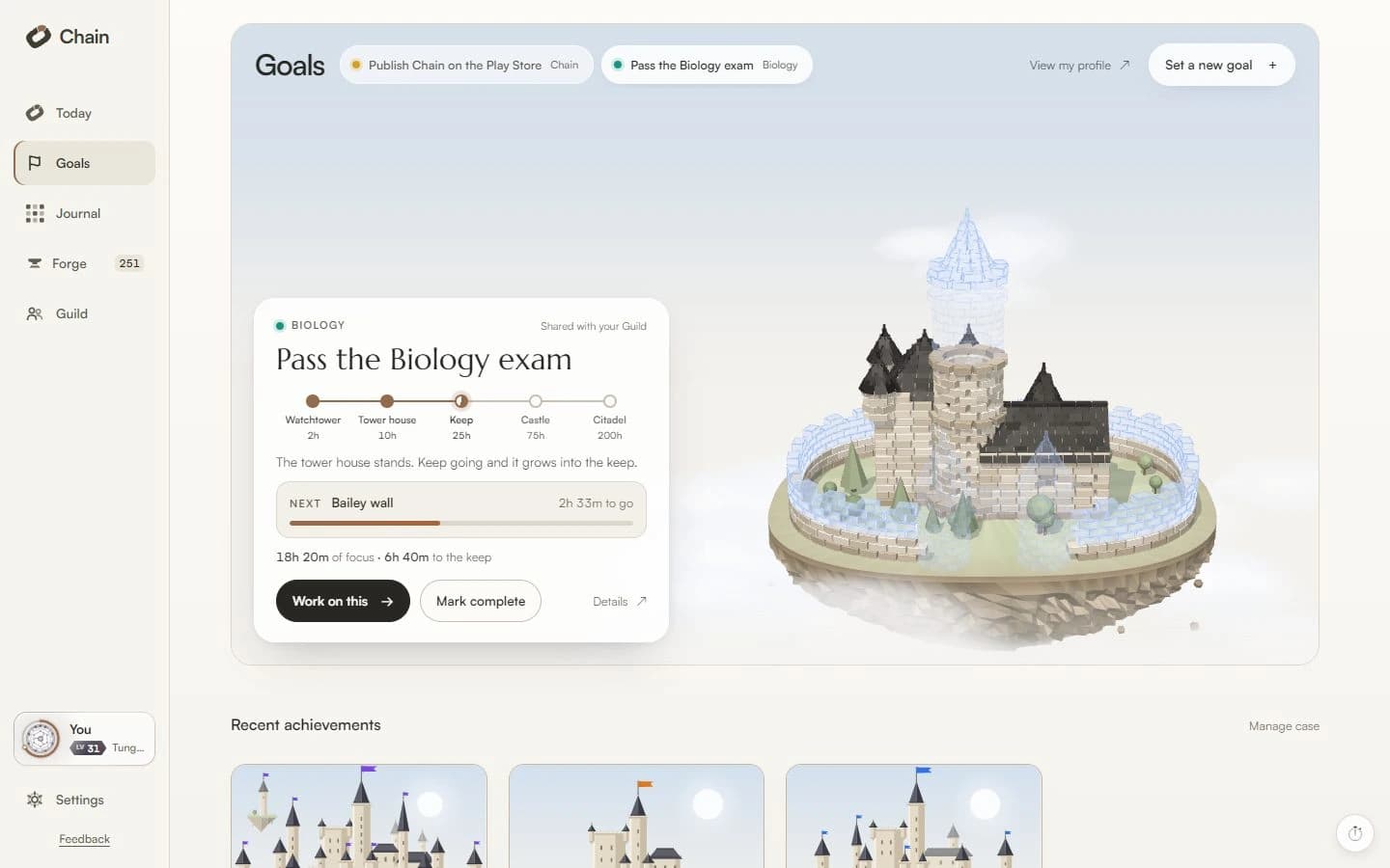 Chain on Windows: a project goal visualized as a castle built by focused hours.
