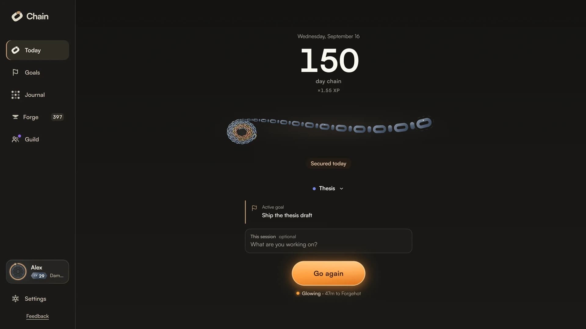 Chain on Windows: the daily chain and controls for starting a focus session.