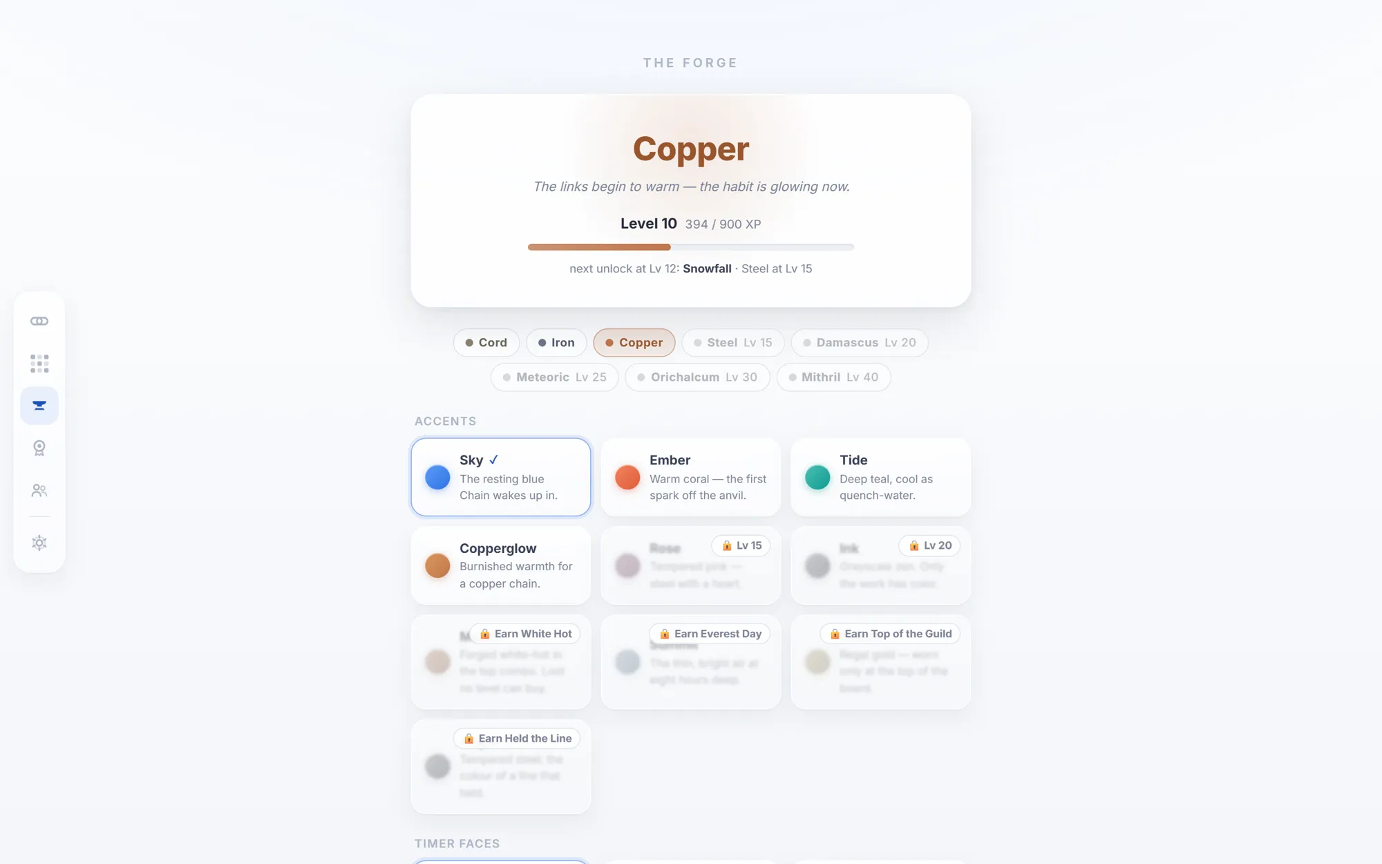 Chain's Forge screen — the Copper material era at Level 10, the full material ladder, and a grid of unlockable accent colours