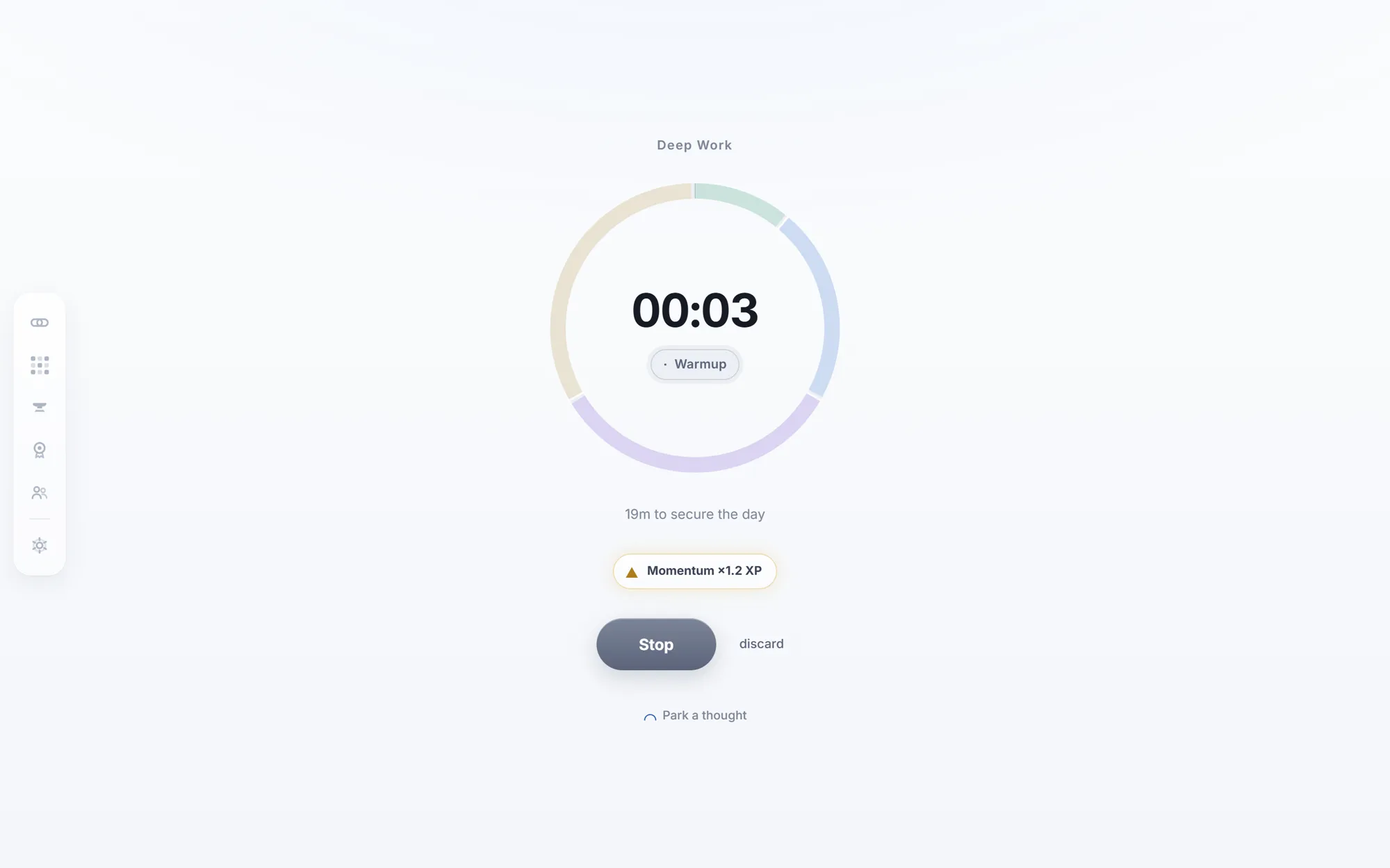 Chain's focus timer — a large count-up clock inside a ring segmented into tier bands, with '19m to secure the day' below