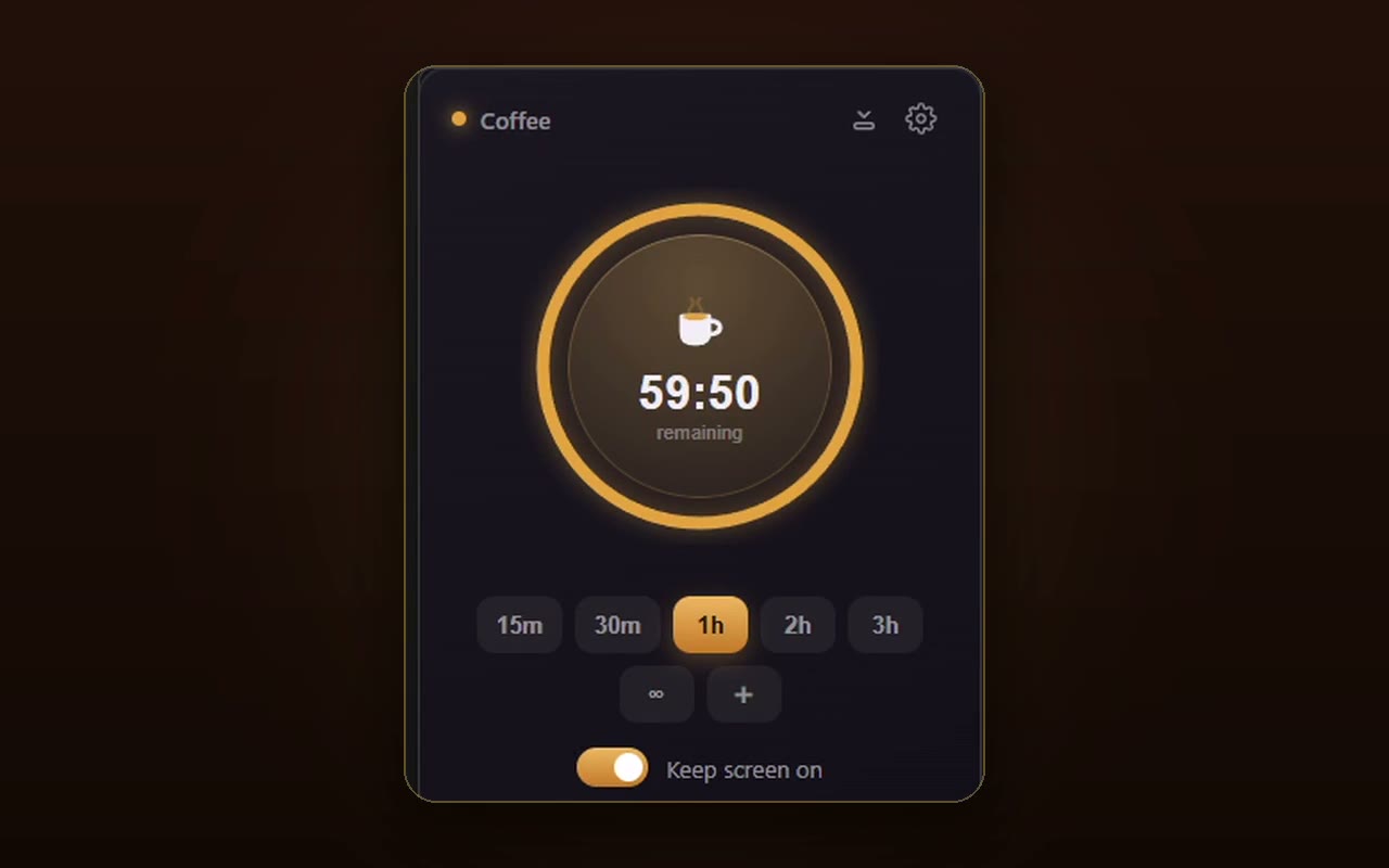 The Coffee running window: a Coffee title bar, a large amber countdown ring around a steaming cup reading 59:50 remaining, a row of duration buttons (15m/30m/1h/2h/3h, ∞, +), and a Keep screen on toggle.